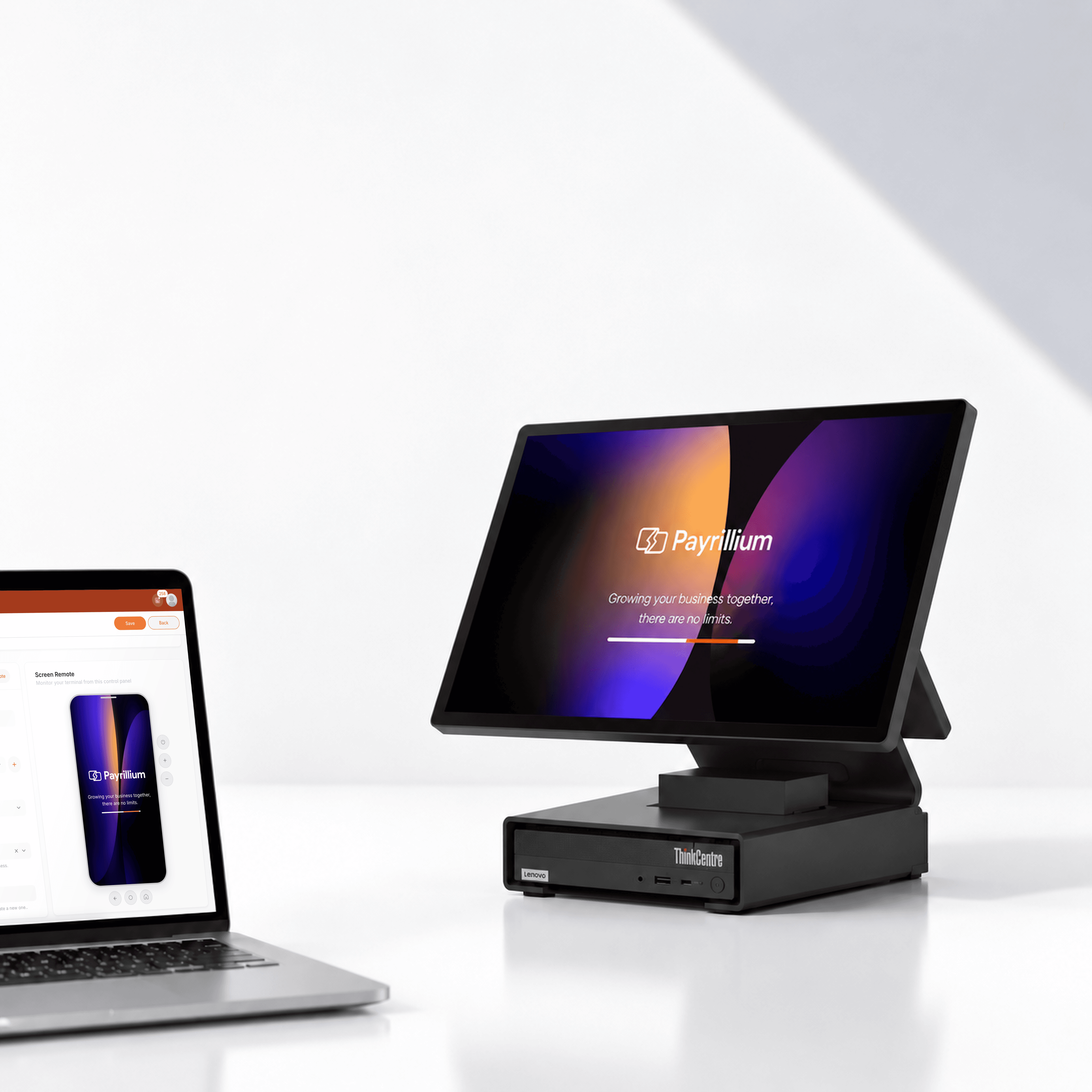 A Payrillium console open on a laptop beside a counter station, mirroring the terminal's screen