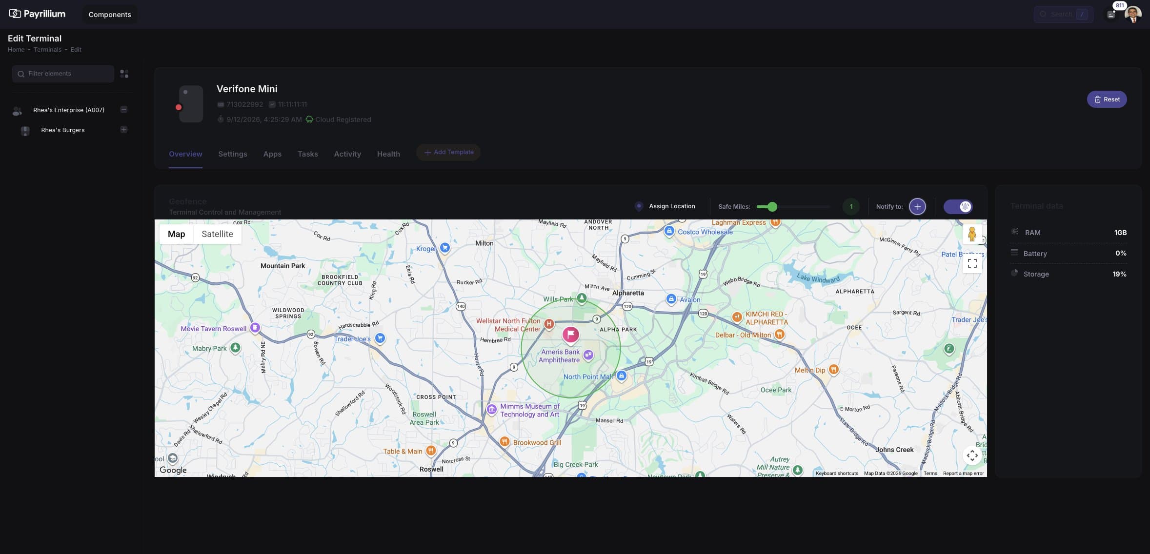 The Mirillium console editing a terminal: a geofence with an assigned location, a safe-mile radius drawn on the map, and the alert recipients set beside it