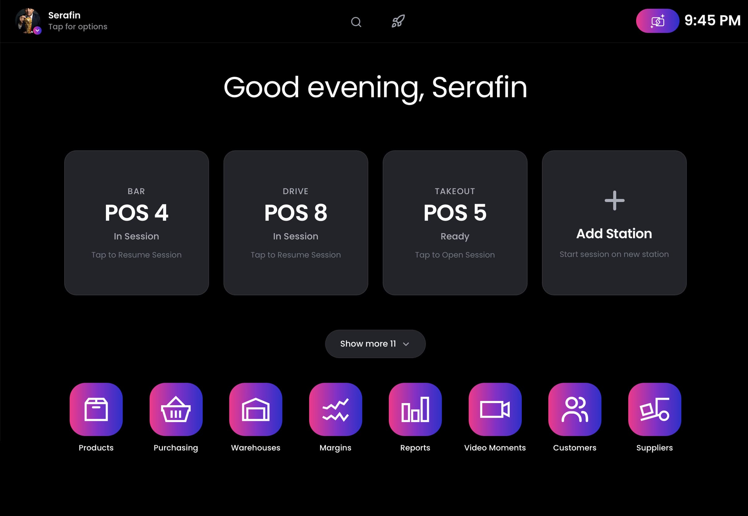The Proton home screen: three stations in session (bar, drive and takeout) above the back-office modules