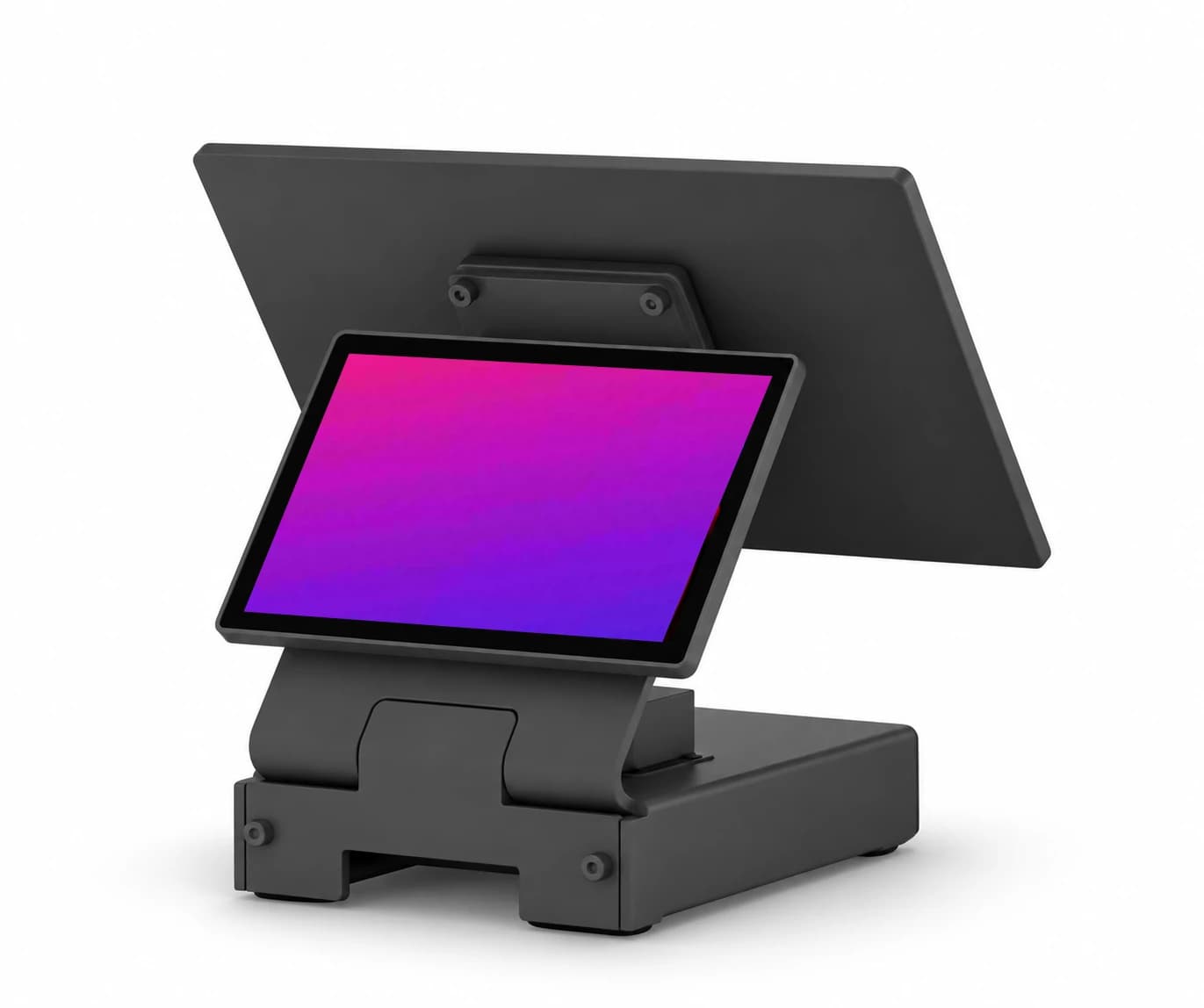 The Proton station as sold: a 15.6-inch counter screen back to back with a 10.1-inch customer display, the customer display greeting in Payrillium’s gradient