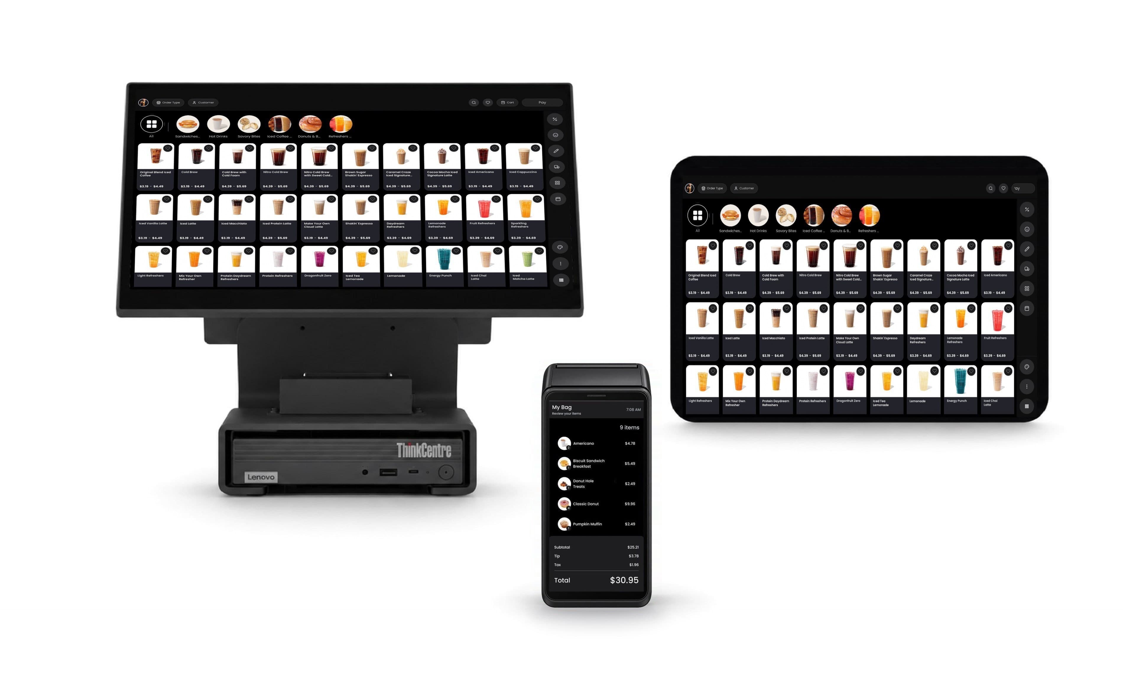 Proton running on a counter station, a tablet, and a handheld terminal showing a customer their bag of nine items totalling $30.95