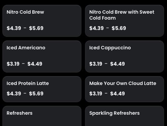 The same catalogue shown as text tiles, each carrying only the item name and its price range