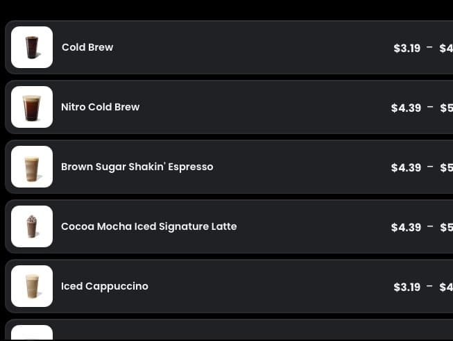 The same catalogue shown as a list, one row per item with a small thumbnail and the price on the right