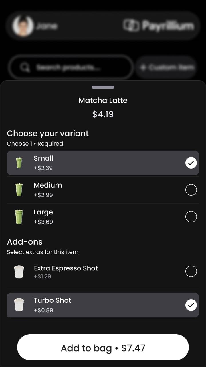 An item sheet on an ATOM terminal, choosing a size and an extra before adding to the bag