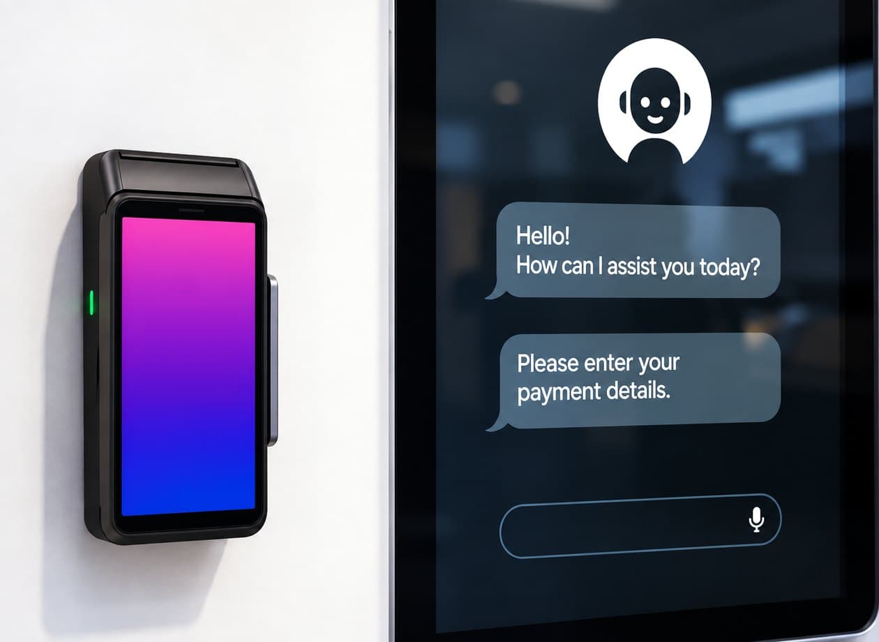 A Payrillium terminal beside a counter display: the instruction on one screen, the approved sale on the other.