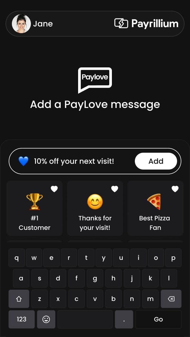 A custom PayLove message being typed at the counter: ten per cent off your next visit