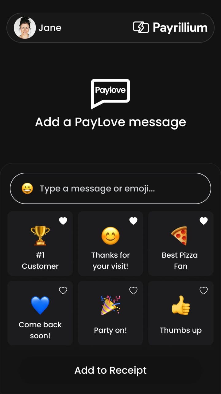 The PayLove message picker on an ATOM terminal, with six preset messages to choose from