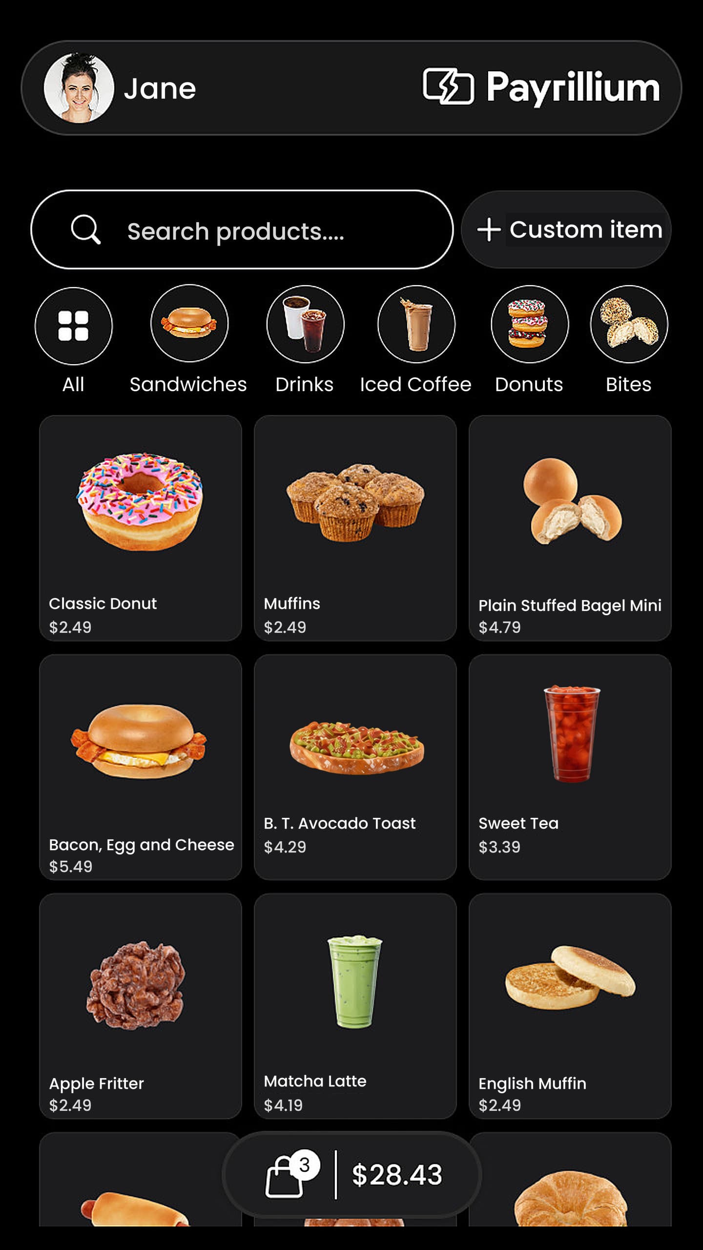 The POS Mode grid on an ATOM terminal, with categories across the top and priced items below