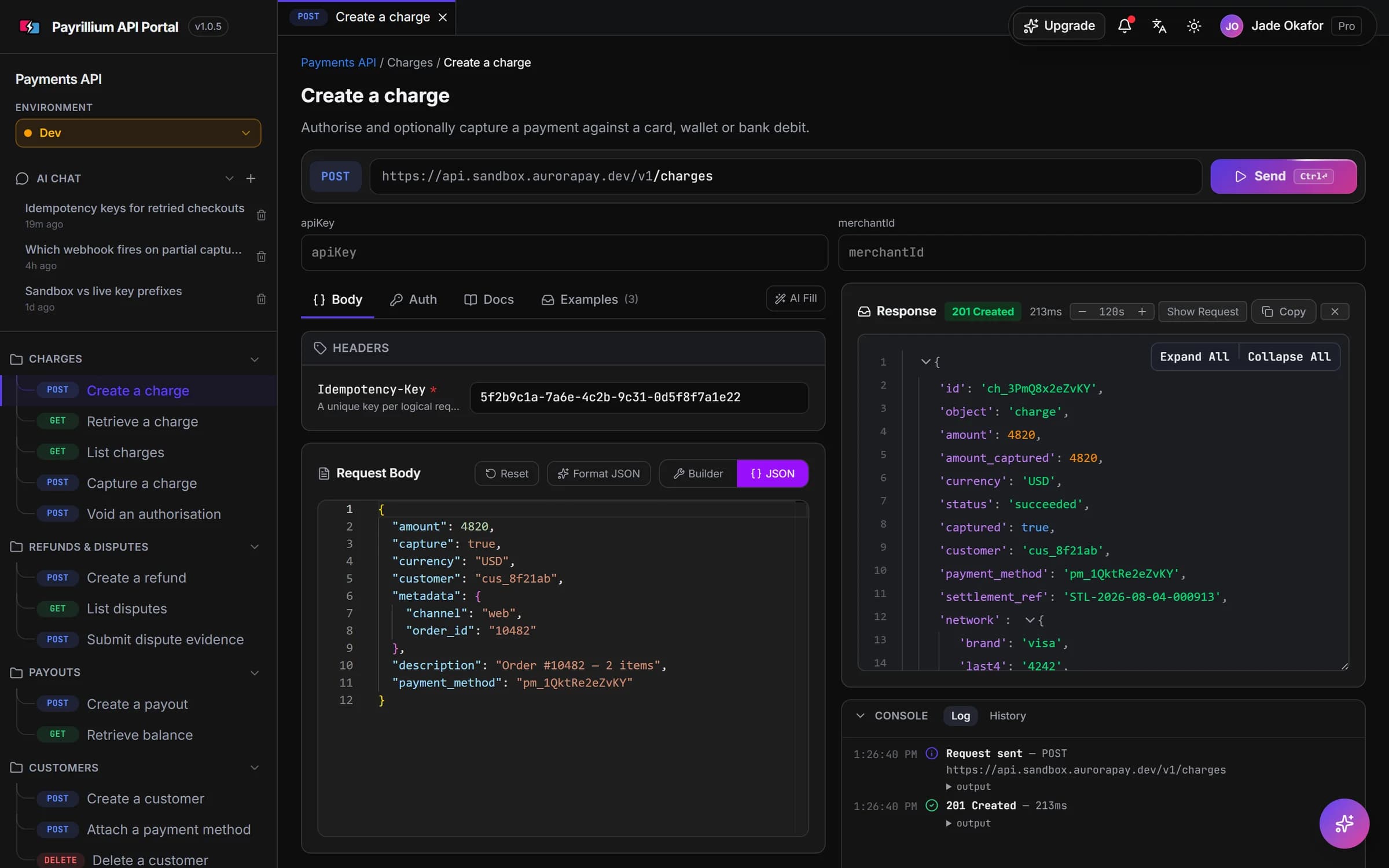 The API Portal sending a Create a charge request, with the JSON body on the left and the 201 Created response on the right.