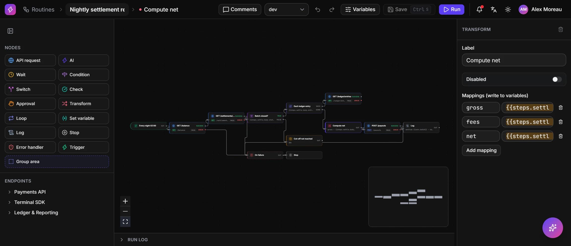 The Routines builder: a node palette on the left, a nightly settlement reconciliation laid out on the canvas as connected steps, and an inspector on the right showing the Transform step writing gross, fees and net into variables.