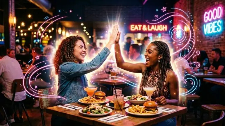 Friends High-Fiving at Restaurant