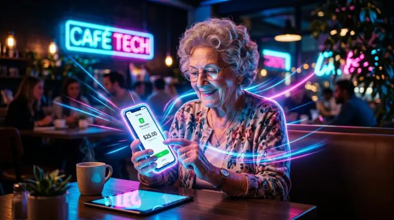 Grandma Using Cash App with Neon Accents
